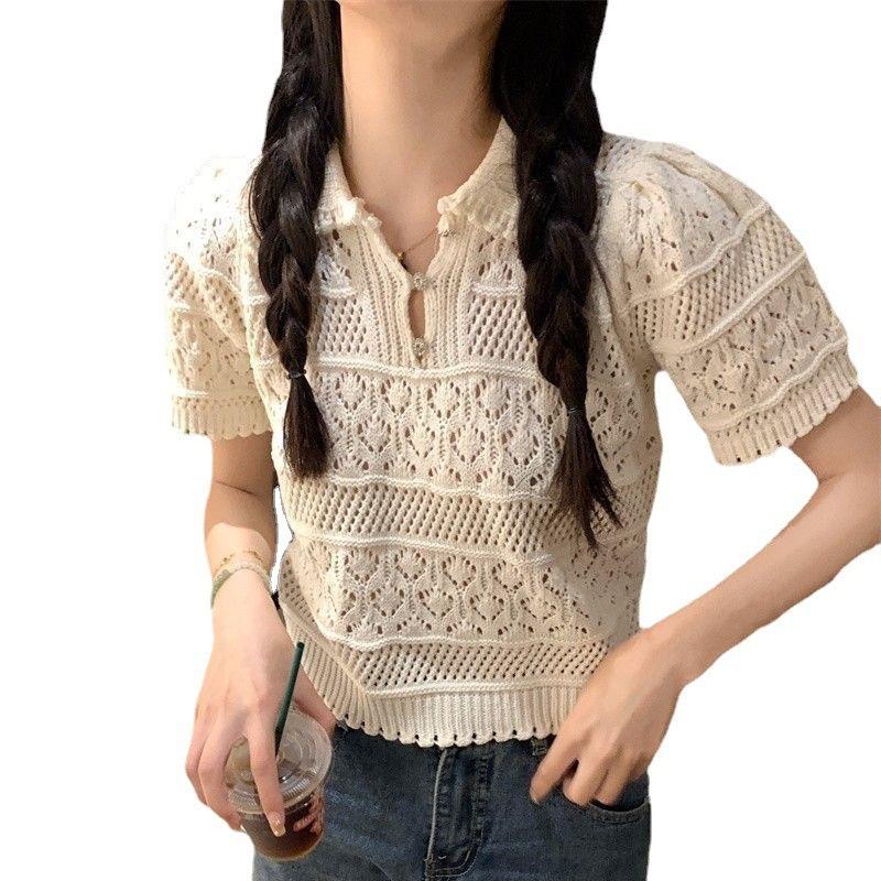 Summer Women's Polo Collar Hollow Knitted Shirt Sweet Versatile Unique Short Sleeve Top for Women