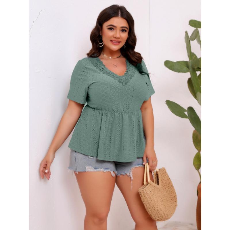 Womens Plus Size Eyelet Peplum Top V Neck Lace Trim Short Sleeve Casual Blouse 0XL зелёный