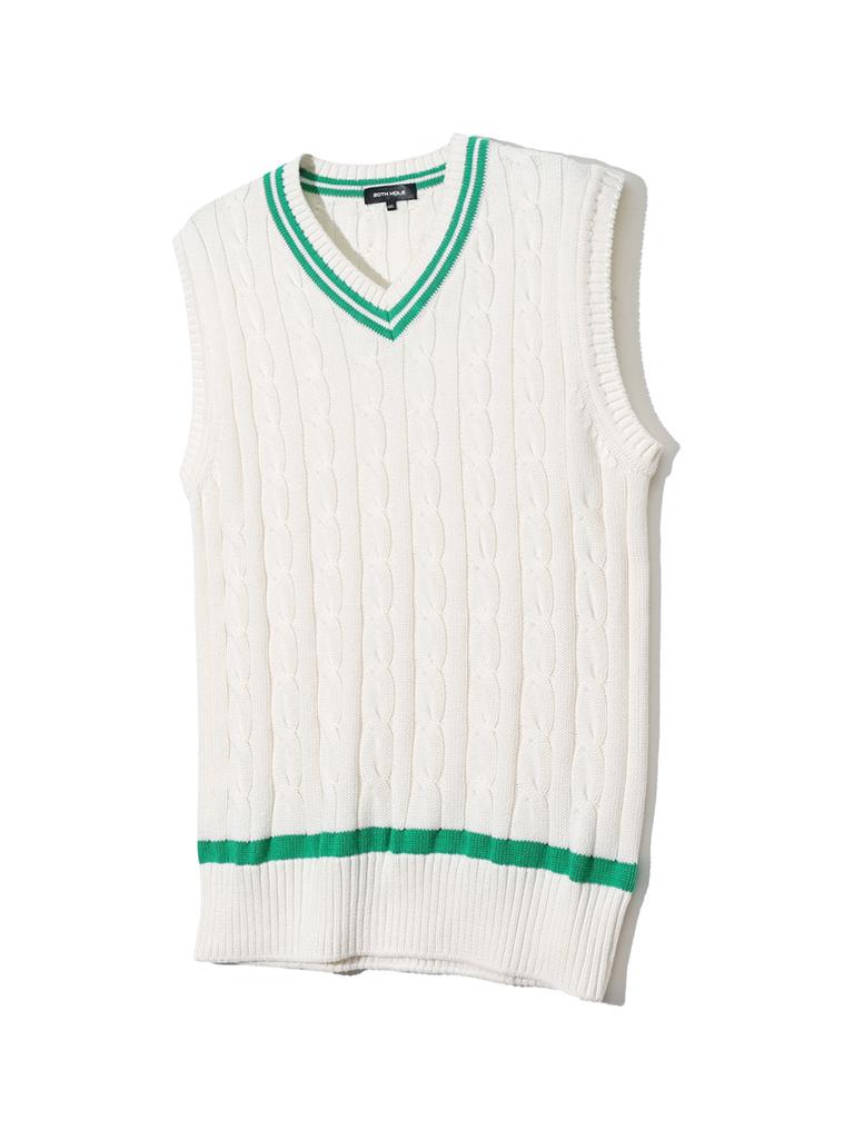 20Th Hole Cable Contrast V-Neck Knit Vest [Ivory Green]