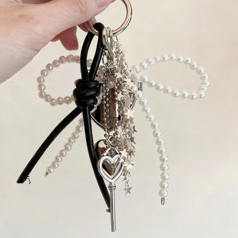 Elegante Perlen Schleifen Schlüsselanhänger mit Herz Spiegel Perfekt für Modische Accessoires und Tägliches Praktisches Tragen