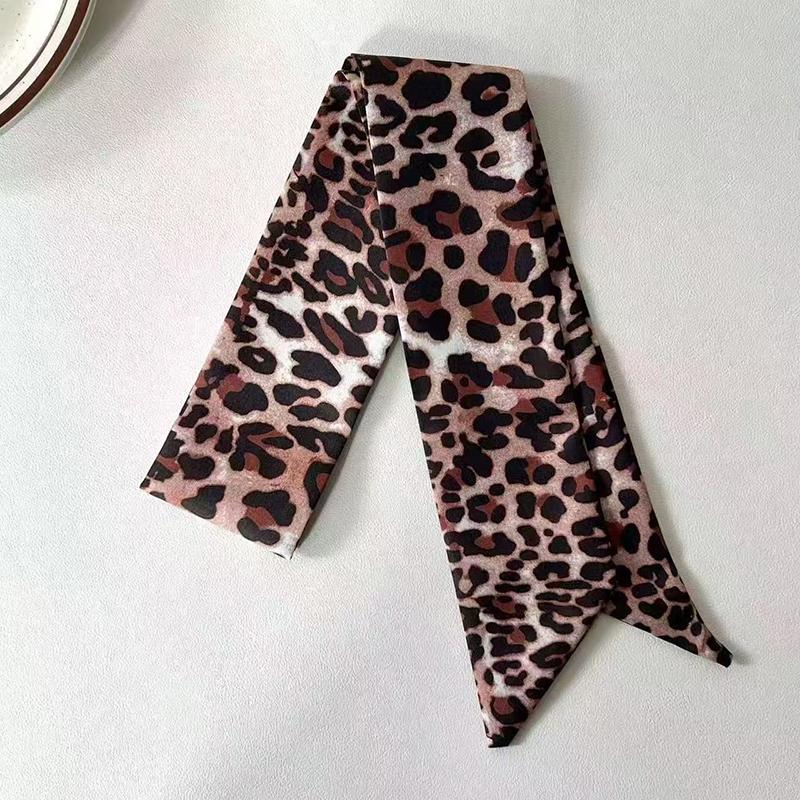 Luxury Leopard Print Tie Painting Silk Scarf Women Long Ribbon Skinny Bag Handle Ribbon Scarves Lady Spring Neckerchief Hairband