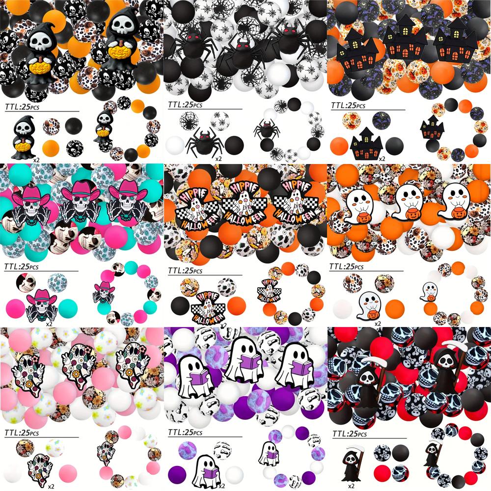 25PCS Multi-Size Halloween-Themed Silicone Beads Set, Perfect for DIY Craft Projects Like Keychains, Necklaces, Bracelets & More