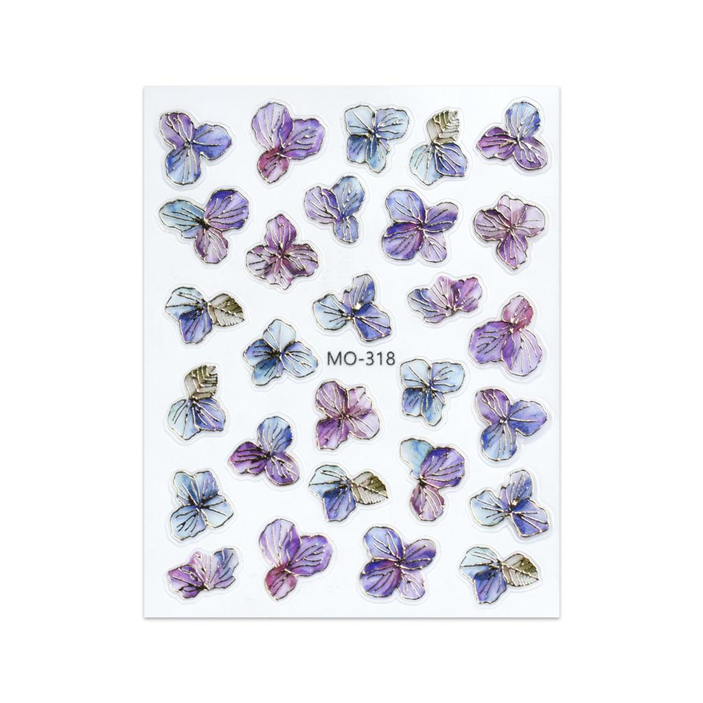 3pcs Holographic Purple Flowers Nail Sticker Metallic Blooming Floral Gradient Design Adhesive Decal DIY Charm Elegant Manicure Foils