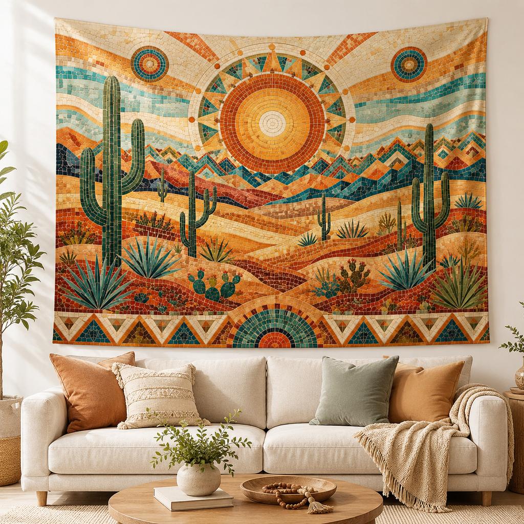Southwestern Desert Tapestry Boho Sun Cactus Mountain Wall Hanging for Bedroom Living Room Dorm Apartment Home Decor Gifts Ideas