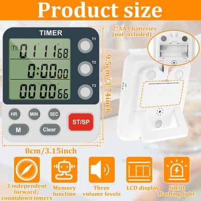 3 Channel Kitchen Timer Magnetic Display Digital Timer with Loud Alarm Adjustable Volume Kitchens Timers for Kitchen Accessories