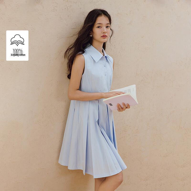 INMAN Women s 100% Xinjiang Cotton Collegiate Pleated Sleeveless Dress S