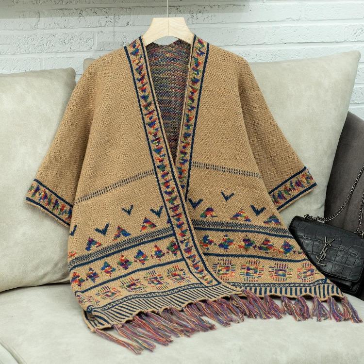 Fashion Women V-Neck Loose Knitwear Sweater Bat Sleeve Cardigan Autumn Winter Print Cloak Cross Border