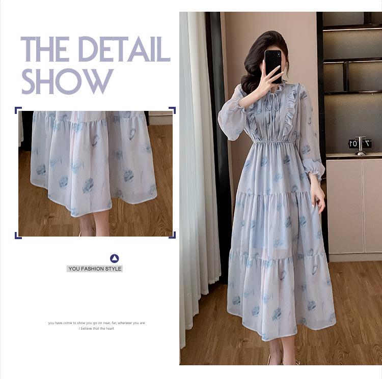 Spring French Luxury Long Chiffon Dress with Korean Ruffles and Elastic Waist for Women