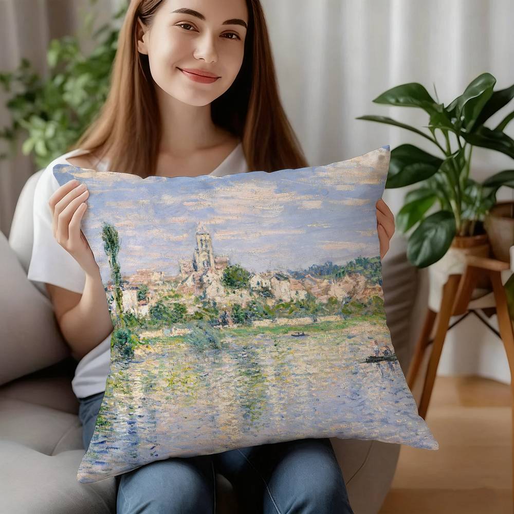 C-Claude MonetS Art Pillow Case Sofa Decorative Home Double-sided Printing Short Plush Cushion Pillow Cover Holiday Gift