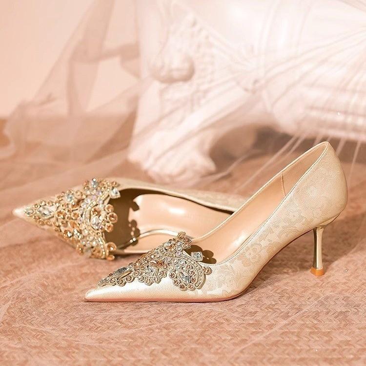 Fashion Gold Heels Fine Heeled Shoes Sexy Pump 2024 All-Match Slip On Sandals Ladies Pointed Wedge Lace-Up Stiletto Crossdressers Cryst