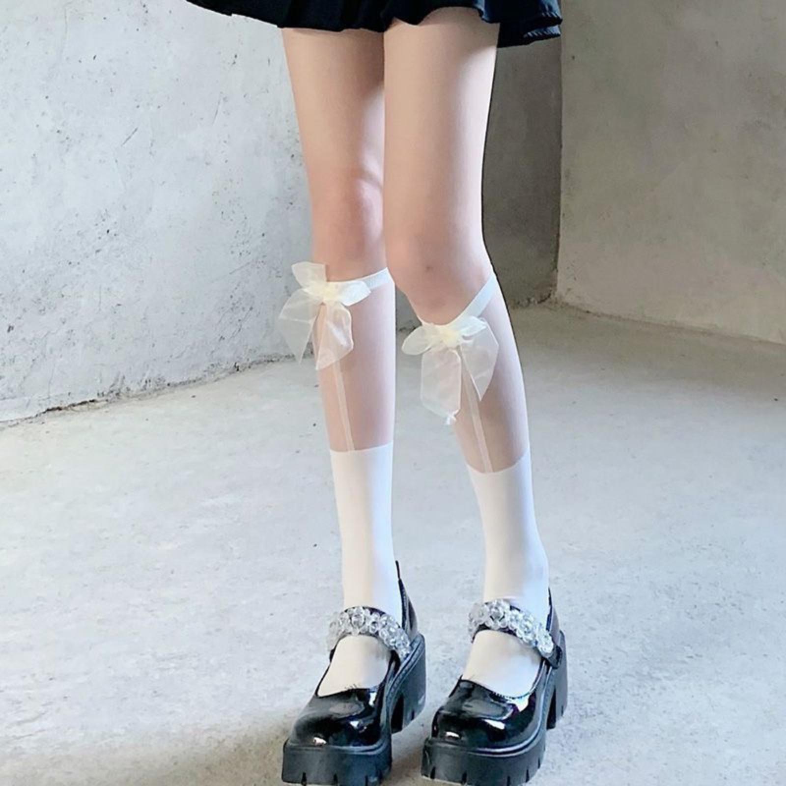 Transparent Patchwork Calf Socks, Japanese JK , Sweet Bow Mid-calf Socks One Size