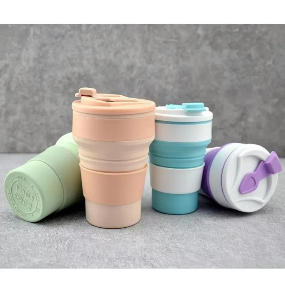 1 Pcs Outdoors Camping 500ml Portable Folding Coffee Cups for Travel Reusable Silicone Collapsible Cups with Lid