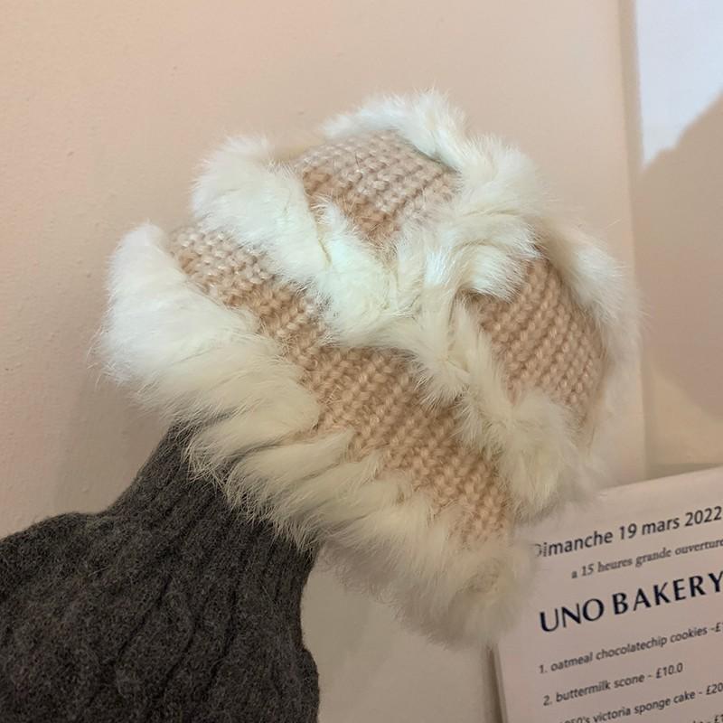 Fashion Rabbit Fur Patchwork Knit Bucket Hat Women Warm Fall Winter Large Head Size Face Slimming