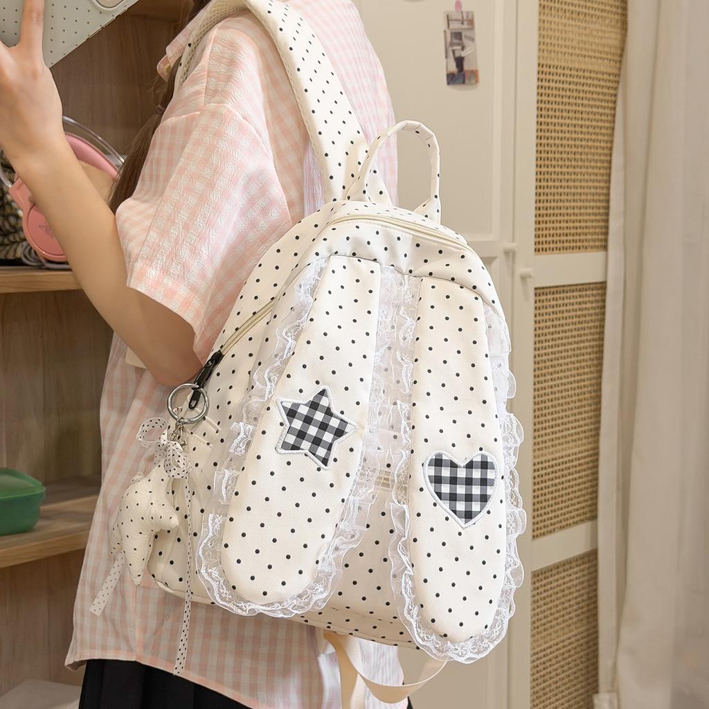 Schoolbag High Value Korean Simple Foreign Style Polka Dot Love Rabbit Ear Two-piece Backpack Summer New Commuter Student Schoolbag