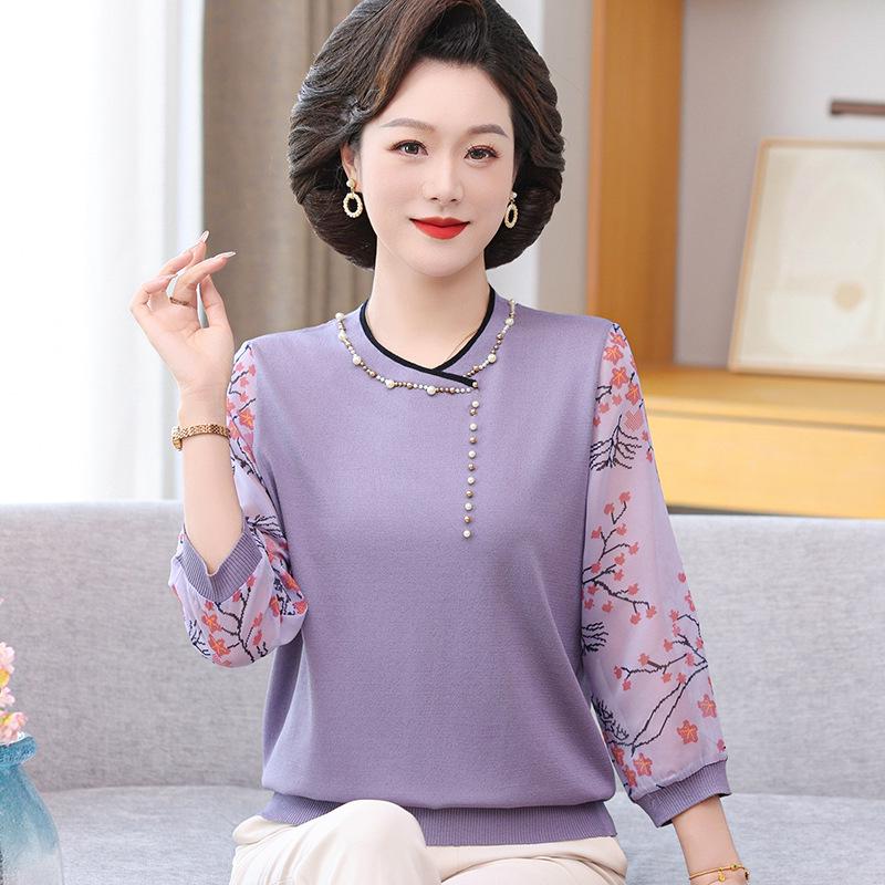 

Elegant Seven-Sleeve Chiffon Knit Top for Women - Versatile Spring Style for Middle-Aged and Elderly 5XL (75-82.5kg) лаванды фиолетового