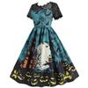 Women's Hepburn-Style Retro Lace Round Neck Short Sleeved Halloween Printed Dress
