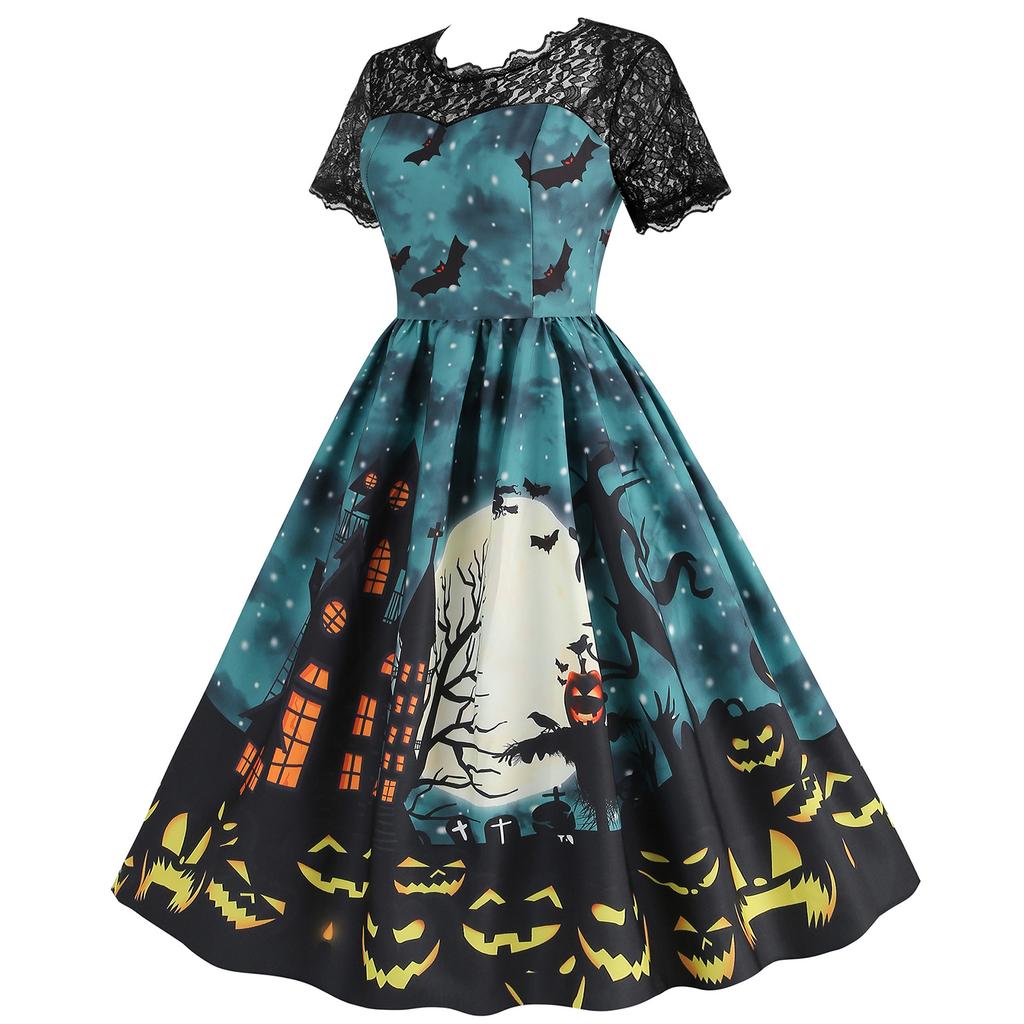 Women's Hepburn-Style Retro Lace Round Neck Short Sleeved Halloween Printed Dress