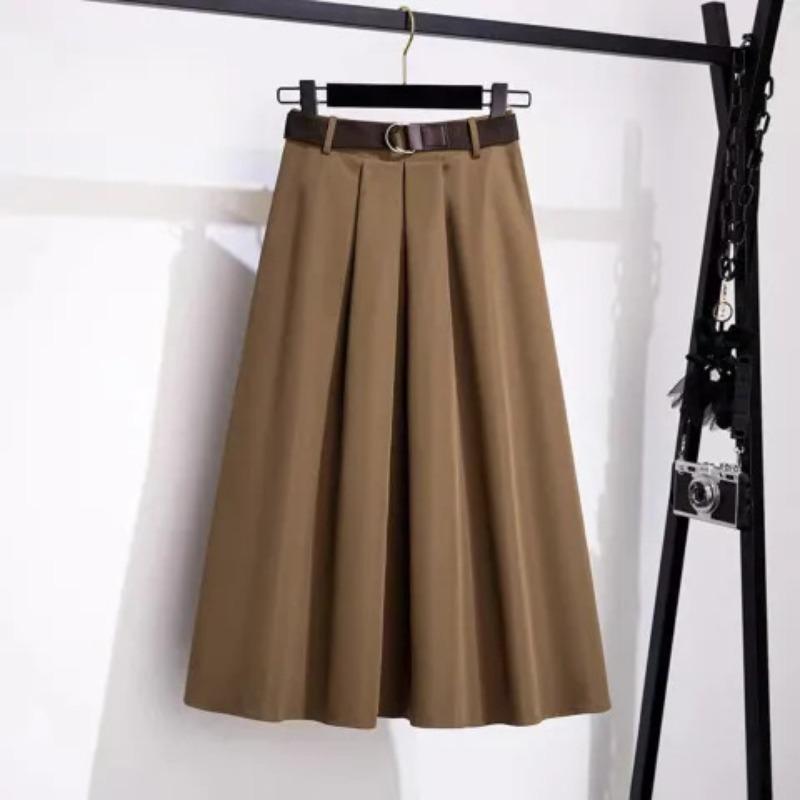 Koreanischer Anzug mit hoher Taille, Faltenrock, Übergrößenröcke für Damen, Frühling, Elegant, Einfarbig, Wickel-Schirmröcke für Damen