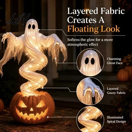 Osvětlená Strašidelná Domácí Dekorace Duch Dýně Zahradní Lampa Halloween Pryskyřičná Figurka s Teplým LED Světlem Tematická Místnost Rotující na Základně Stolní Dekorace na Verandu
