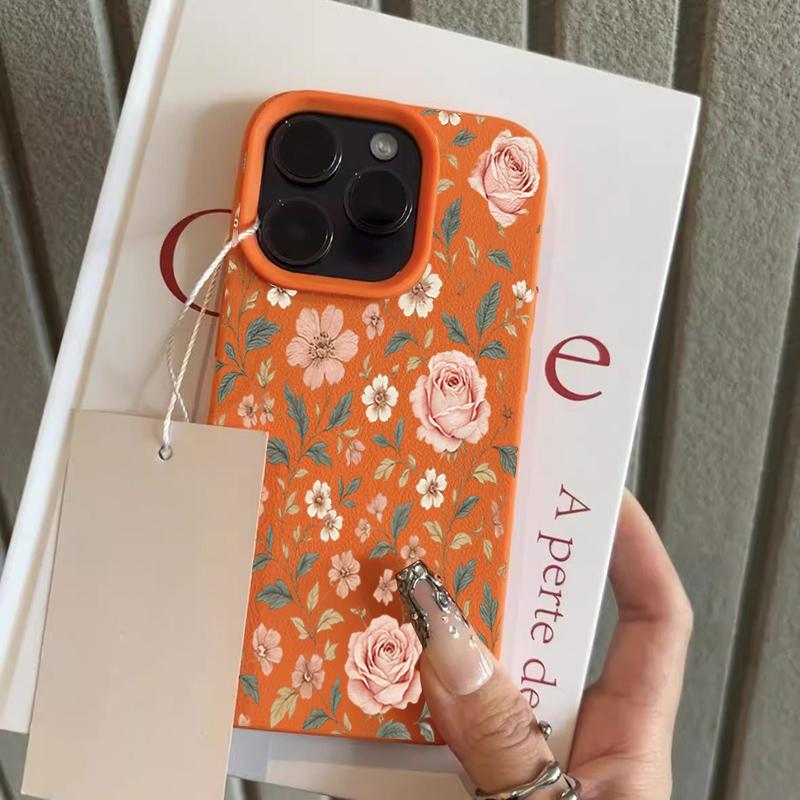 Чехол в деревенском стиле с цветами и текстурой личи для iPhone 17 Pro Max 16 15 14 13 12 11 Pro 15 Plus 17E Мягкий чехол iPhone XR оранжевый