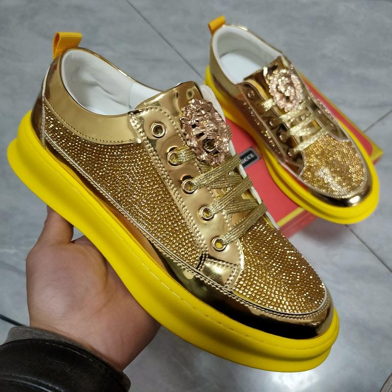 Fashion Men's Gold Rhinestone Casual Shoes White Platform Breathable Full with Sneakers Diamond Skates