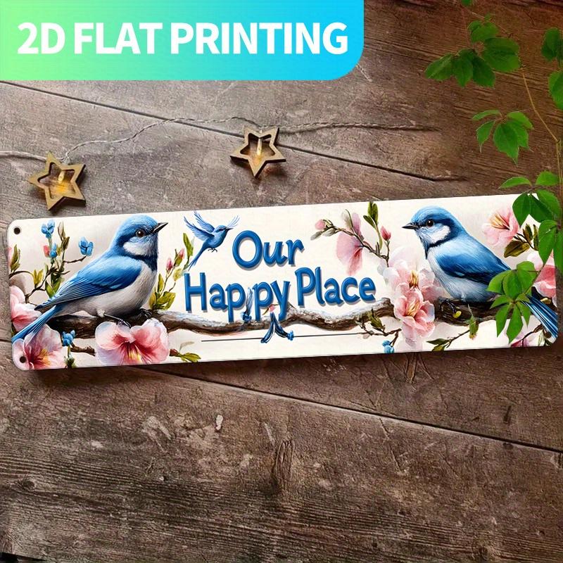 2D Flat, 1pc Large Retro "Our Happy Place" Metal Wall Sign - Blue Jay & Bird Motif with Pink Flowers, Turquoise Cursive Lettering - Rustic Farmhouse D