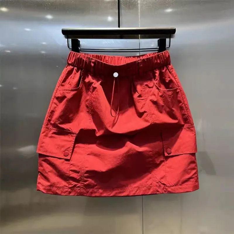 

Summer New Drawstring Design Multi-Pocket Workwear A- line Skirt Loose Slim Looking Casual Easiest for Match Exposure-Proof Skirt Red M