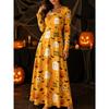 Vestito da Donna con Stampa Ragnatela e Zucca, Girocollo, Manica Lunga, Vestito Maxi Festivo di Halloween