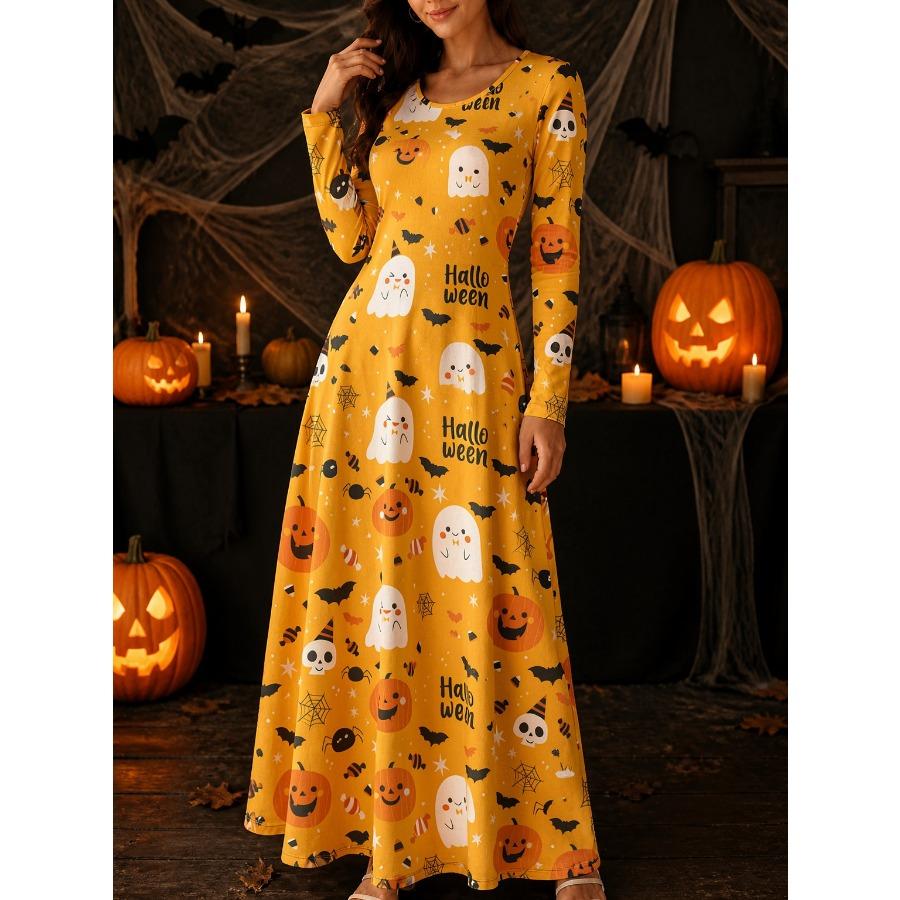 Vestito da Donna con Stampa Ragnatela e Zucca, Girocollo, Manica Lunga, Vestito Maxi Festivo di Halloween