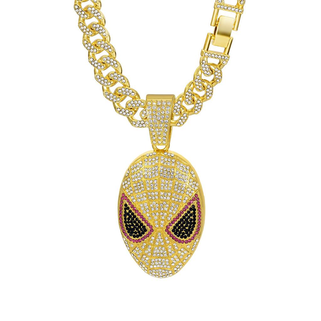 European & American Rhinestone Spider-Man Alien Mask Cuban Necklace - Anime Hip Hop Jewelry