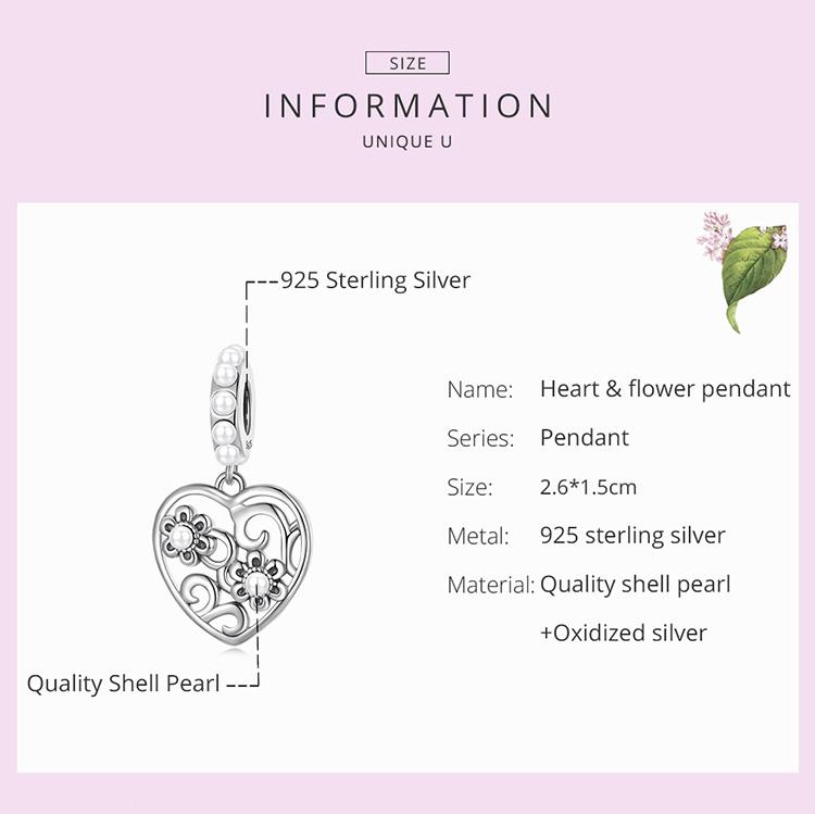 BAMOER Vintage 925 Sterling Silver Heart & Flower Pendant Fit for DIY Bracelet & Bangle Delicate Shell Charms Fine Jewelry