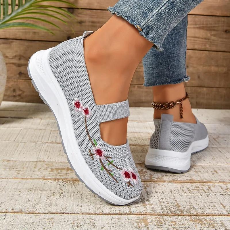 Fashion Ladies Shoes 2024 Elastic Band Women's Vulcanize Shoes Fashion Embroidered Ladies Casual Shoes Hot Sale Round Head Mesh Sneakers