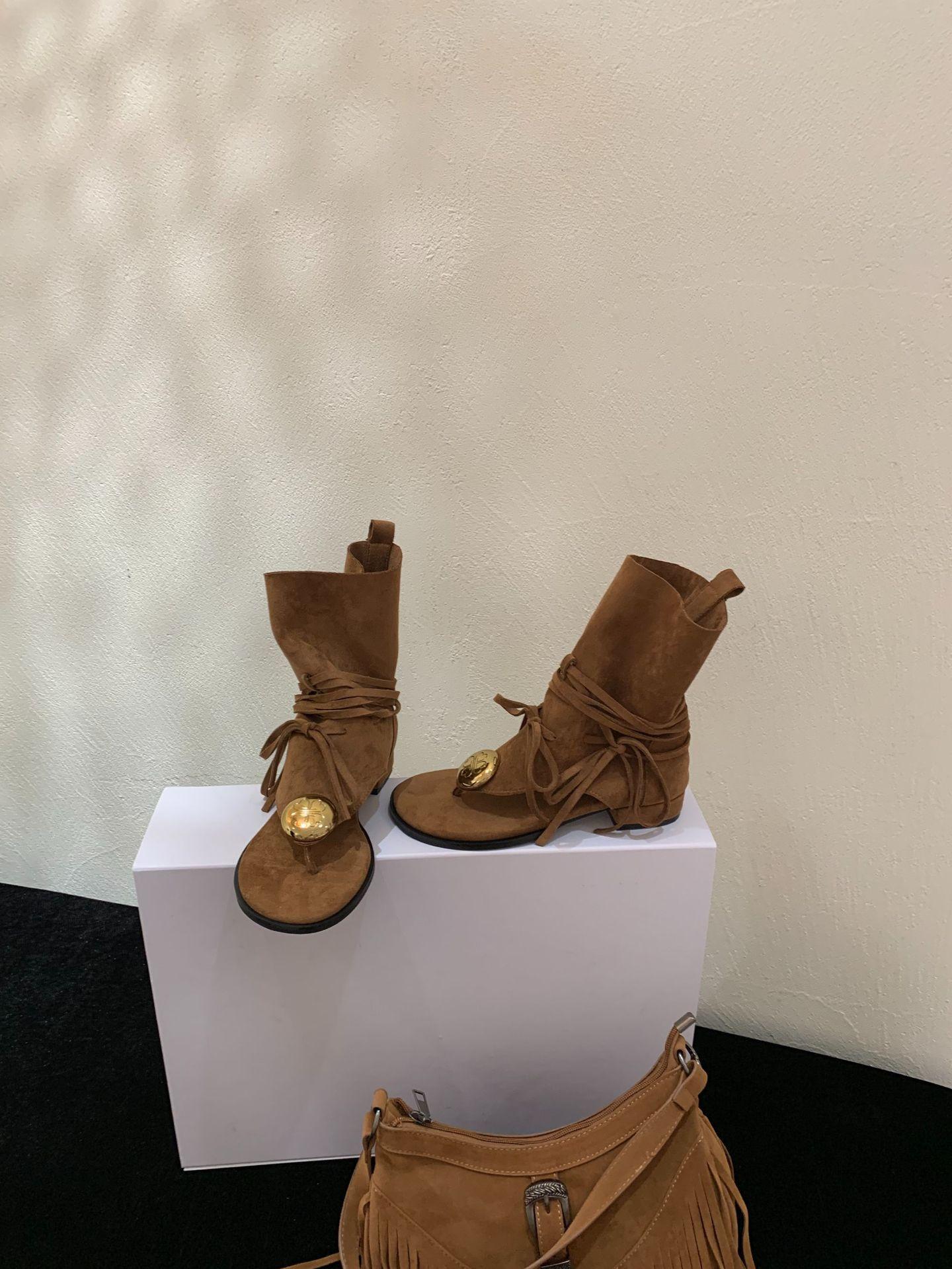 

Tassel metal toe cool boots women s 2025 summer new Roman sandals thick heel pile boots western cowboy boots 39