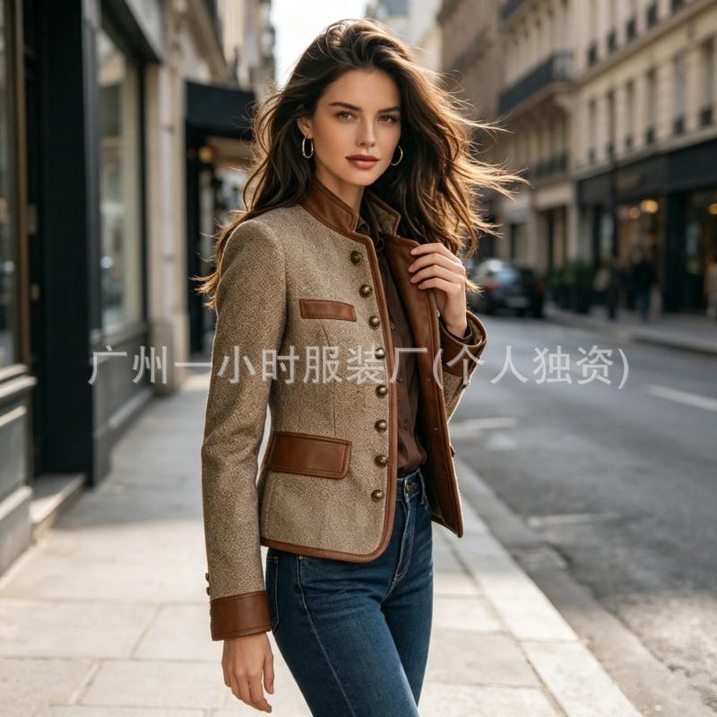 Women French Retro Color Block Velvet Casual Jacket Coat For Ladies
