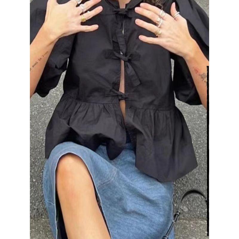 Fashion Wind Summer New Arrival Fashion Wind Lace-up Crew Neck Puff Sleeve Shirt Fashion Sexy Loose Cardigan Top