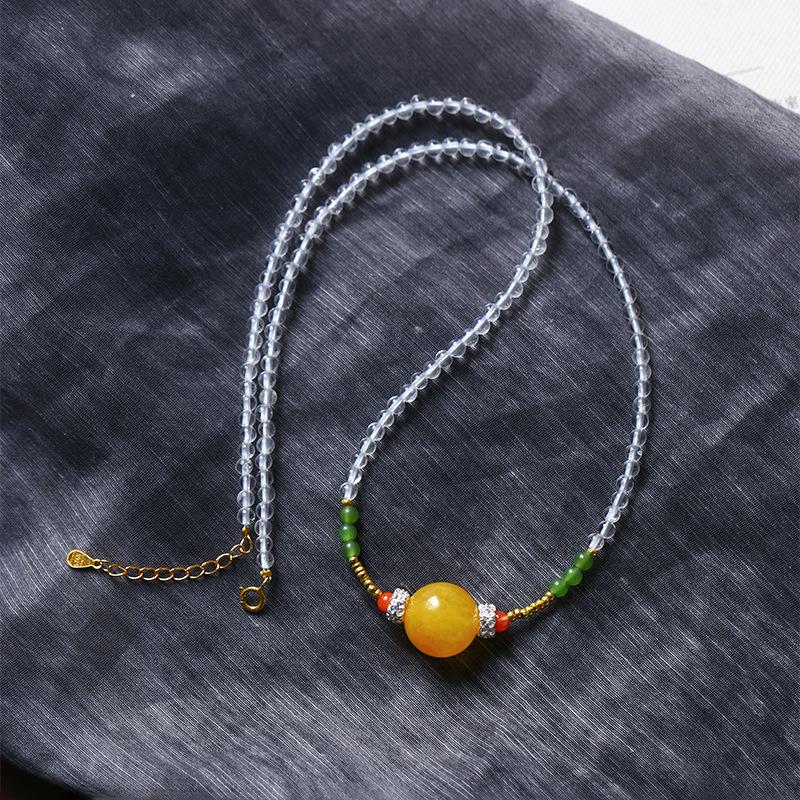 

Natural amber round beads paired with white crystal bead chain, original design pendant collarbone necklace Women s Necklace Jewelry Gift Beeswax approx13MM Bead c