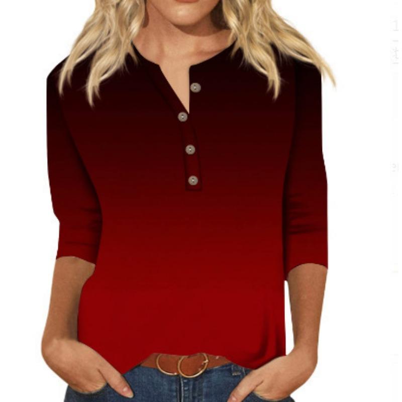 Button V-neck 3D Printed Top Fashionable Casual Long Sleeved Women's T-shirts