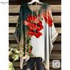 Camiseta Floral Bohemia para Mujer - Elegante Diseño Retro con Vibrante Patrón de Rosas y Hojas Casual Cuello Redondo Lavable a Máquina