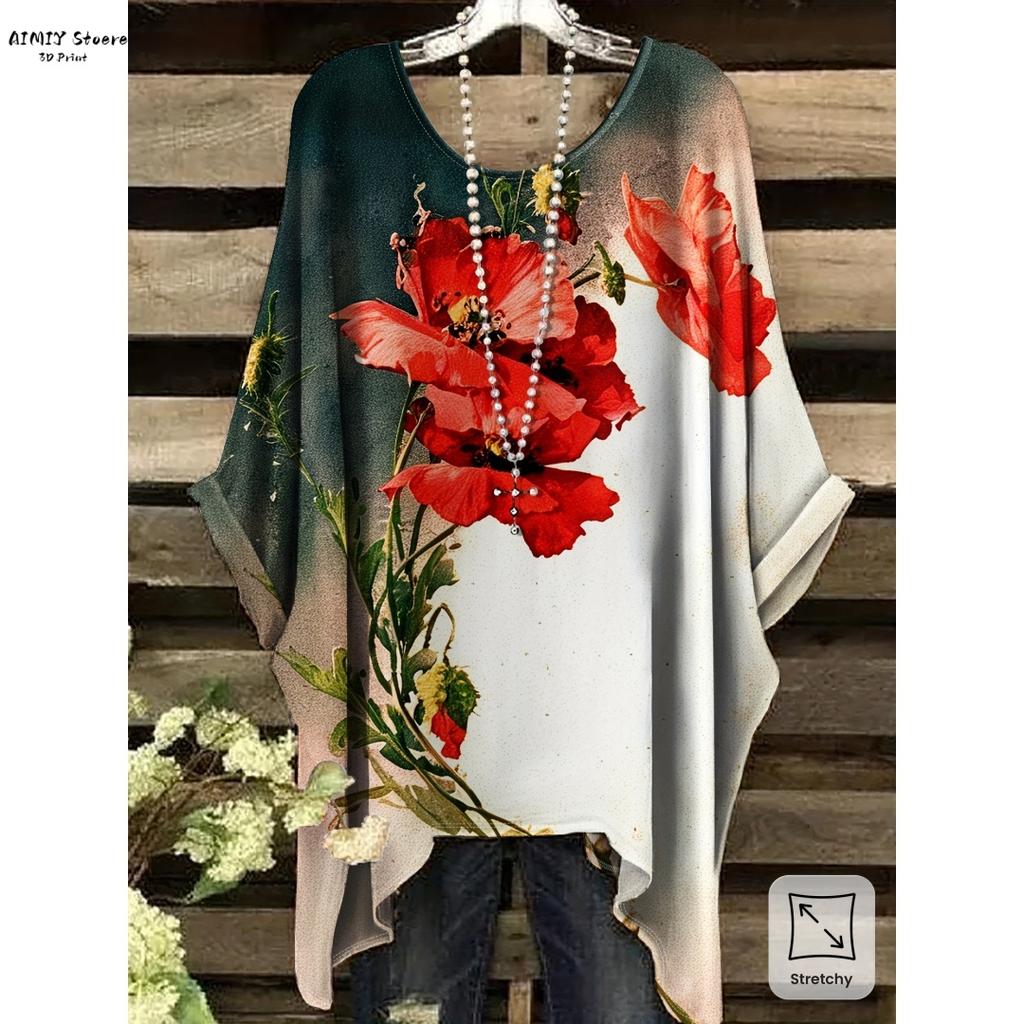 Camiseta Floral Bohemia para Mujer - Elegante Diseño Retro con Vibrante Patrón de Rosas y Hojas Casual Cuello Redondo Lavable a Máquina