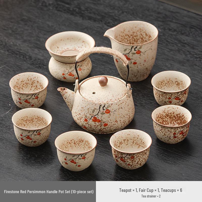 High-End Flint Red Gongfu Tea Set with Ceramic Kettle, Teacups, and Teaplatters