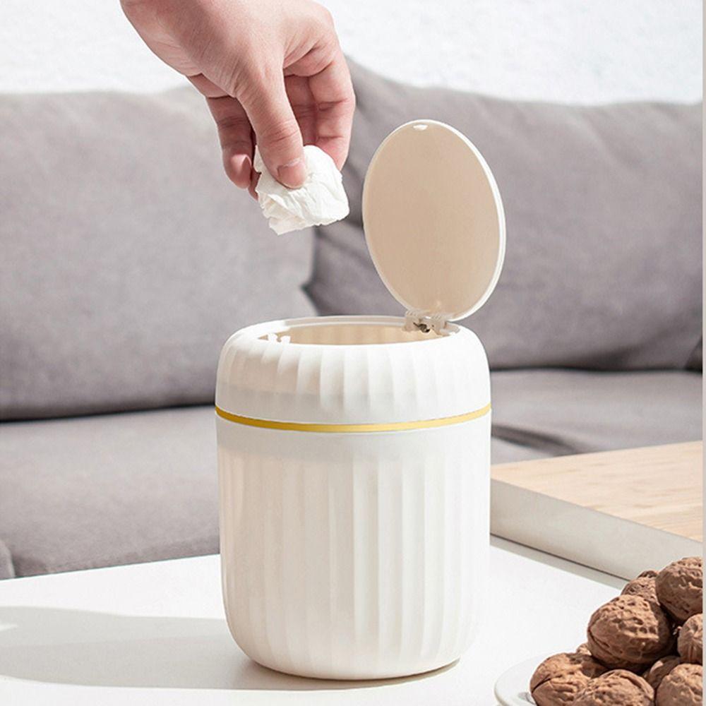 Press Type Small Trash Can with Lid Round/Triangle Plastic Waste Bin Mini Desktop Trash Can Car