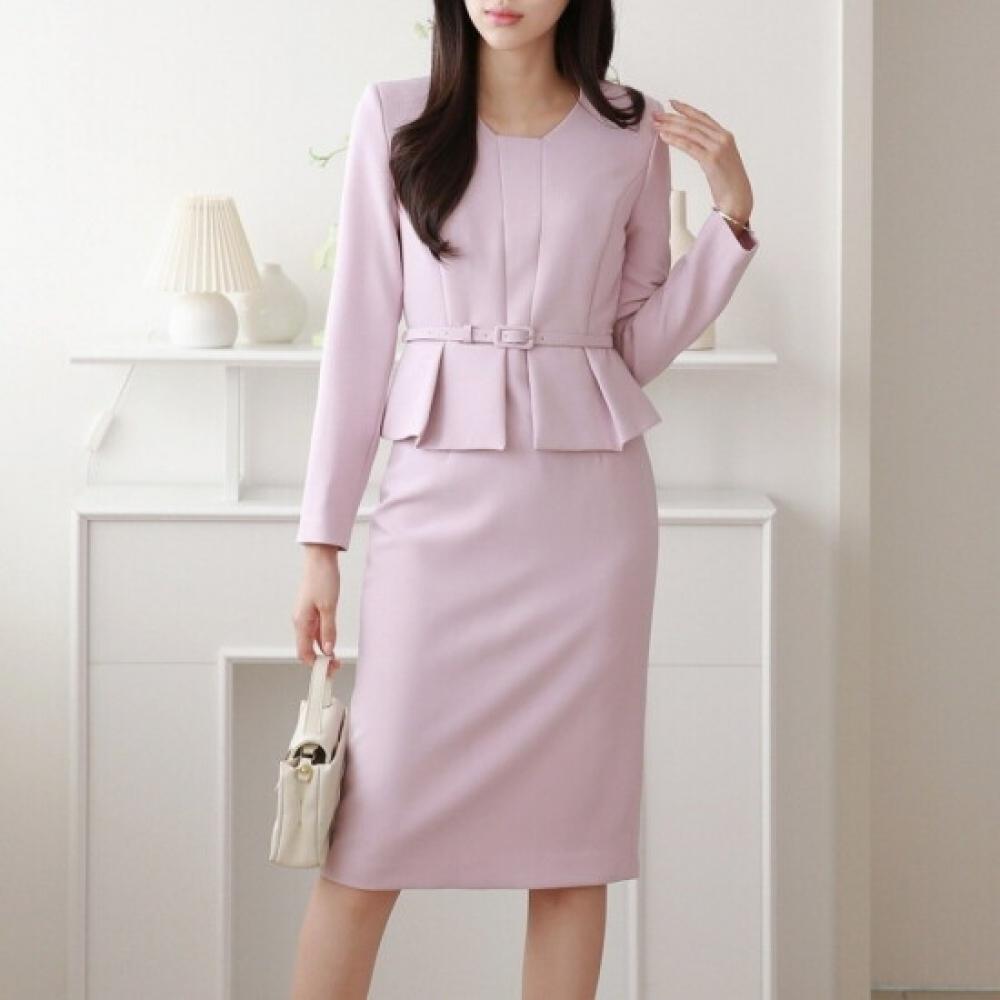 Style Latte Belted Pintuck Peplum H Line Midi Dress