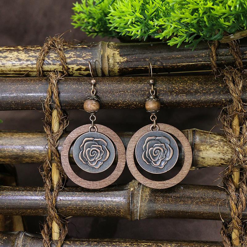 Vintage Ethnic Bohemian Drop Dangle Earrings For Women Wooden Tassel Pearl Beaded Geometric Leaf Flower Round Boho Earrings