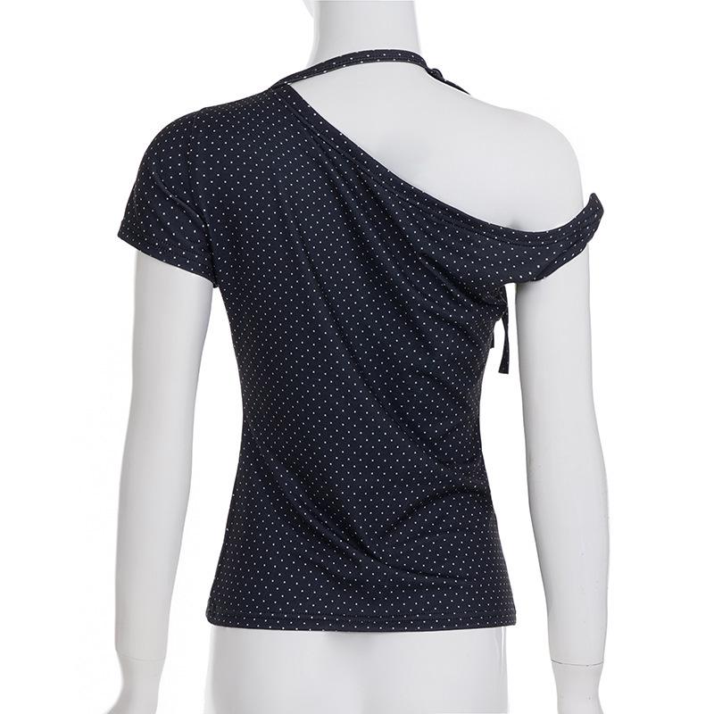 2025 Summer Off-Shoulder Polka Dot Lace-Up T-Shirt - Trendy Girly Style