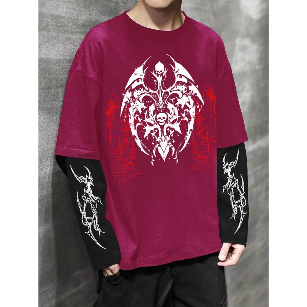Men'S High Street Hip-Hop Dark Style Double Sleeve Print T-Shirt, a Fashionable New Arrival for Spring