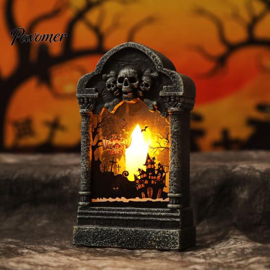 Horror Theme Party Decor Tombstone Candle Lantern, LED Lighted Spooky Graveyard Table Lamp, Halloween Pumpkin Bag Fillers Small Night Light