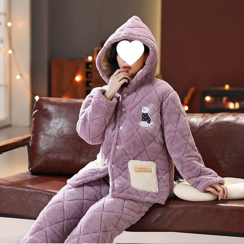 Dámské pyžamo třívrstvé zesílené a roztomilé zimní lze nosit velká velikost teplé polstrované domácí oblečení