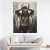 Deer Antler Skull Witch Dark Gothic Wall Tapestry Beige Black Horned Woman Tattoo Forest Occult Pagan Art Bedroom Living
