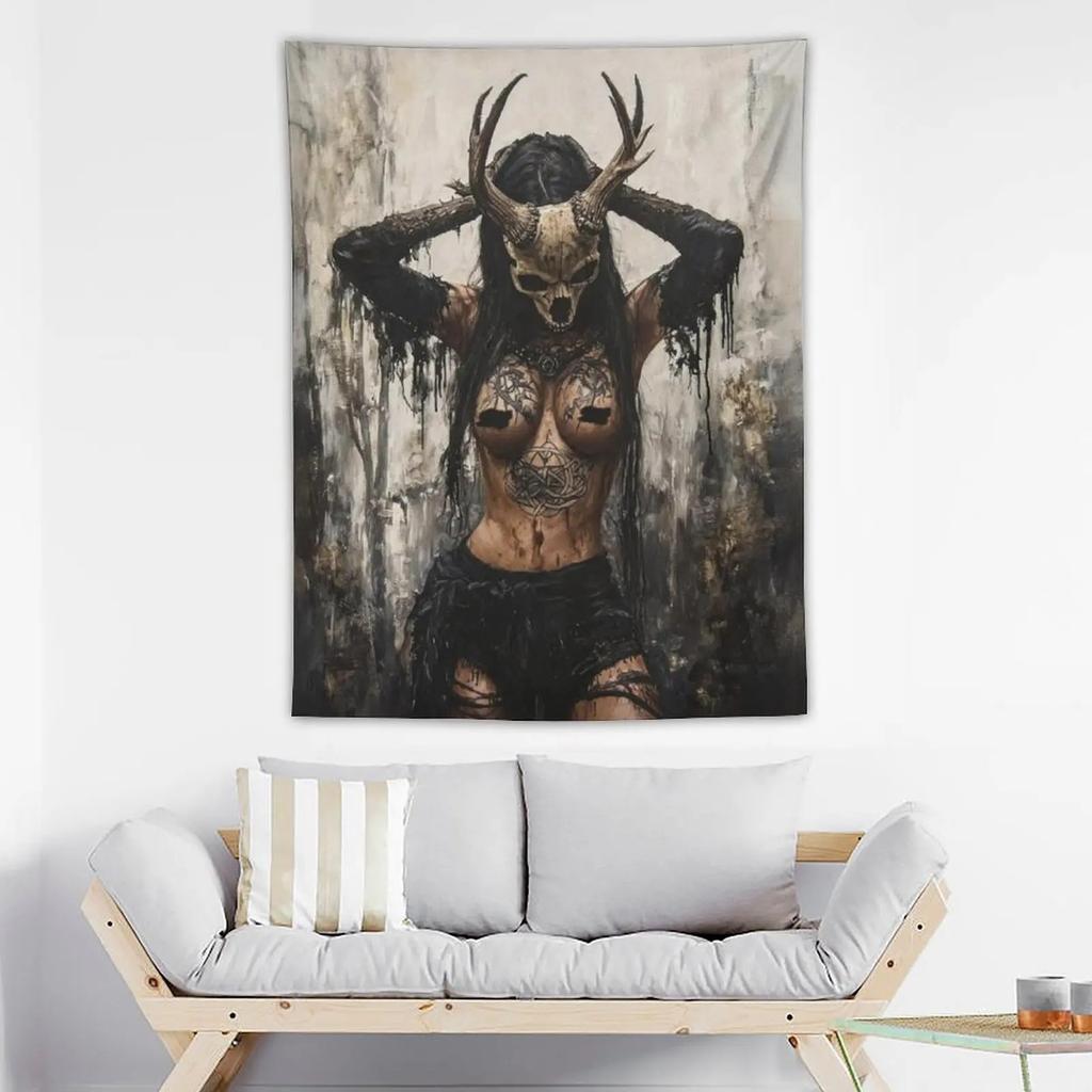 Deer Antler Skull Witch Dark Gothic Wall Tapestry Beige Black Horned Woman Tattoo Forest Occult Pagan Art Bedroom Living