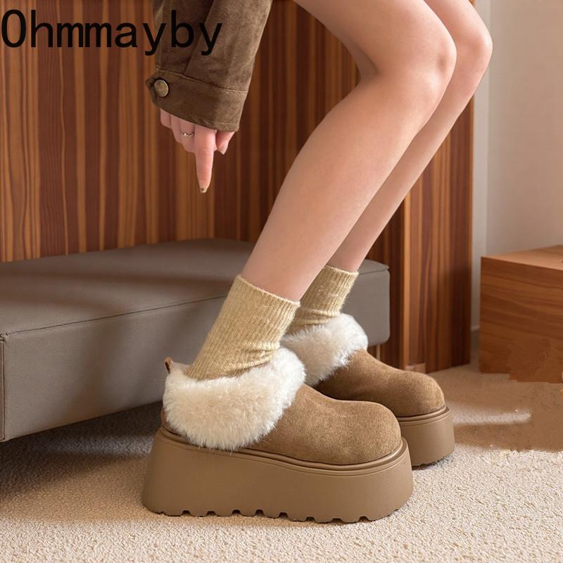 Winter Platform Flats Women Fur Lining Snow Boots Concise Round Toe Slip On Shoes Ladies Comfort Warm Cotton Short Booties